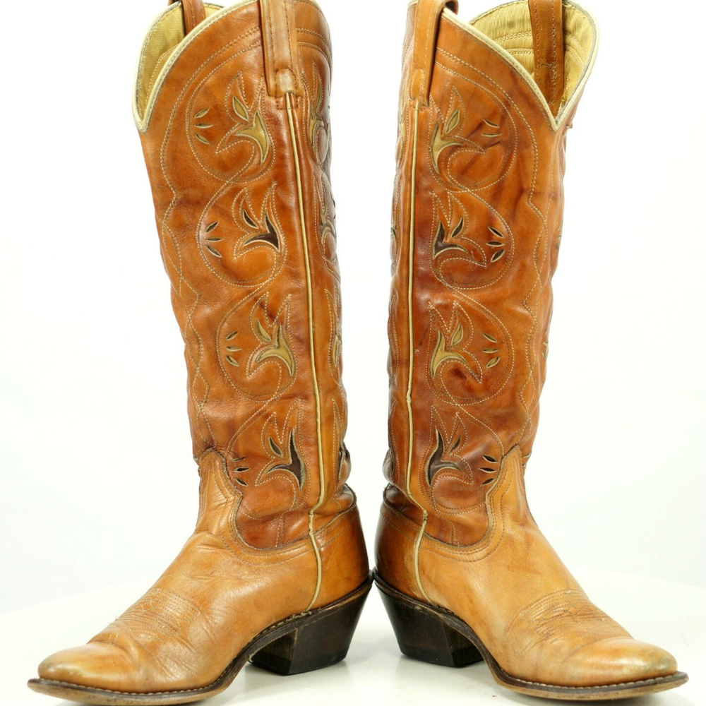 Acme Vintage Knee Hi Flower Inlay Cowboy Boots 5.5